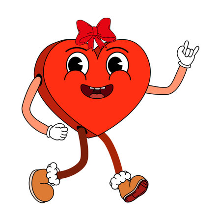 Groovy Valentine Day heart character icon sticker set trendy vintage 70s 60s aestheticsのイラスト素材