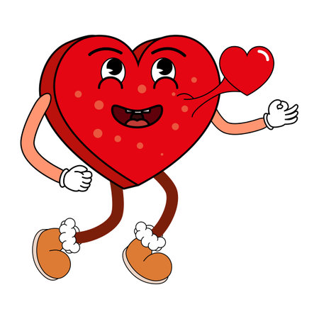 Groovy Valentine Day heart character icon sticker set trendy vintage 70s 60s aestheticsのイラスト素材