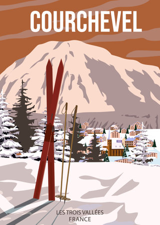 Vintage Travel poster Ski Courchevel resort. France winter landscape travel cardのイラスト素材