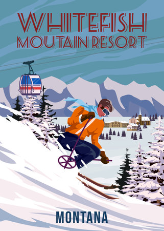 Travel poster Ski Whitefish resort vintage. America winter landscape travel cardのイラスト素材