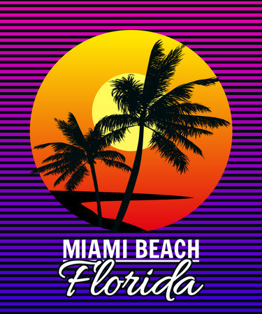 Sunset Florida Miami Beach summer print t-shirt design. Poster palm tree silhouettesのイラスト素材
