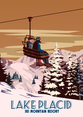 Travel poster Ski Lake Placid resort vintage. America winter landscape travel cardのイラスト素材