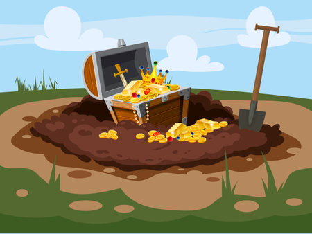 Treasure chest full of treasures, gold coins, Digging Hole in the ground,のイラスト素材