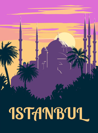 Retro Poster Istanbul, sunset city Turkey, Noble Hagia Sophia Grand Mosque, silhouette. Vintage touristic postcardのイラスト素材