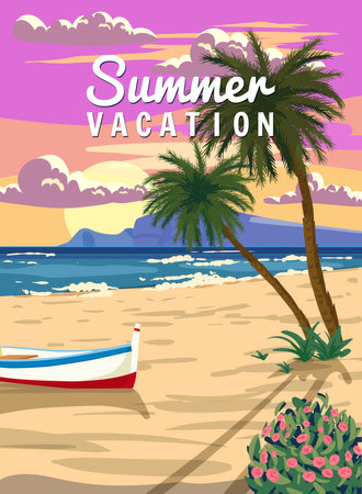 Summer Vacation, Tropical Summer Sunset Travel Poster, ocean, sea, palms, sky, beach. Tourism concept templateのイラスト素材