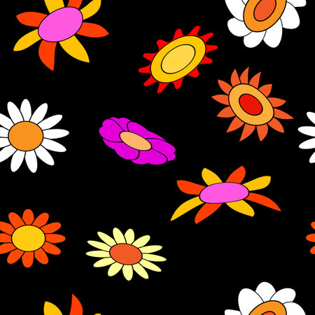 Flower seamless pattern groovy hippie. Colorful flowers trendy background retro trippy 70s styleのイラスト素材