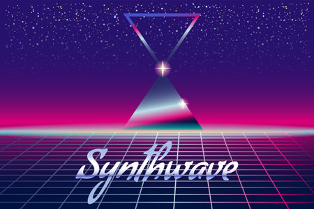 Synthwave retro banner vaporwave aesthetic background. Pyramids grid 3d, sunset 80s retrowaveのイラスト素材