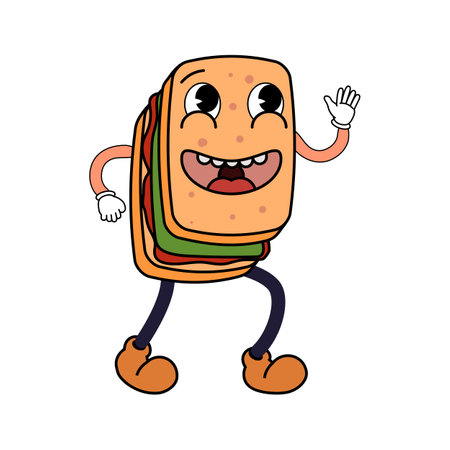 Groovy funny sandwich cartoon character, vintage hippie 70s. Doodle comic bright characterのイラスト素材