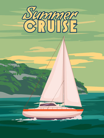 Poster Summer Cruise Sailboat retro, sailing yacht on the ocean, sea, coast, palms. Tropical cruise, summertime travel vacation. Vector illustration vintageのイラスト素材