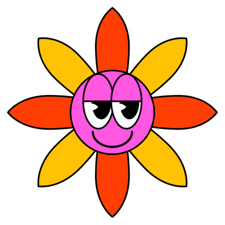 Groovy Cartoon funny cartoon smile geometric shape comic characters, vintage flowerのイラスト素材