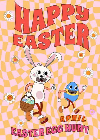 Groovy Happy Easter Poster Vintage. Funny bunny with egg, Easter egg huntのイラスト素材