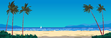 Tropical beach resort, exotical island, palms, ocean, sea bannerのイラスト素材