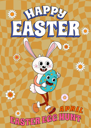 Happy Easter Groovy cartoon poster retro. Funny bunny with egg, Easter egg huntのイラスト素材