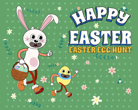 Vintage Happy Easter Groovy cartoon banner retro. Funny bunny with egg, Easter egg huntのイラスト素材