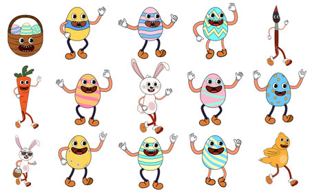 Set of Easter eggs, bunny, basket groovy cartoon vintage style, Happy Easterのイラスト素材