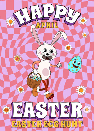 Happy Easter Groovy cartoon poster retro. Funny bunny with egg, Easter egg huntのイラスト素材