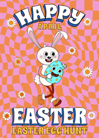 Happy Easter vintage poster Trendy Easter Groovy 1970 style with flowers, egg,のイラスト素材