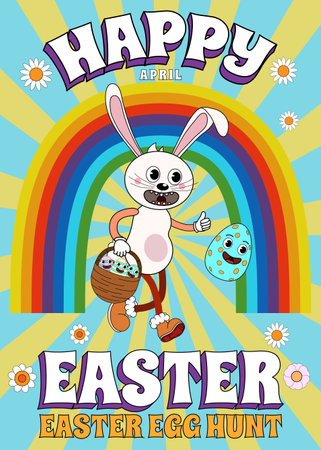 Happy Easter vintage poster Trendy Easter Groovy 1970 style with flowers, egg, rainbowのイラスト素材
