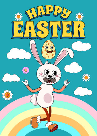 Vintage Happy Easter poster Trendy Easter Groovy 1970 style with bunny, flowers, egg, rainbowのイラスト素材