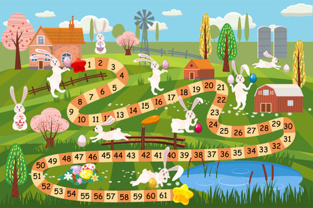 Easter board game for children with funny bunnys, egg huntのイラスト素材