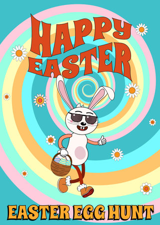 Vintage Happy Easter poster Trendy Easter Groovy 1970 style with bunny in sunglasses, flowers, egg, swirlのイラスト素材