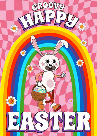 Happy Easter vintage poster Trendy Easter Groovy 1970 style with flowers, egg, rainbowのイラスト素材