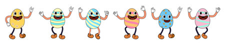 Vintage Easter egg groovy cartoon style, Happy Easter. Characters eggのイラスト素材