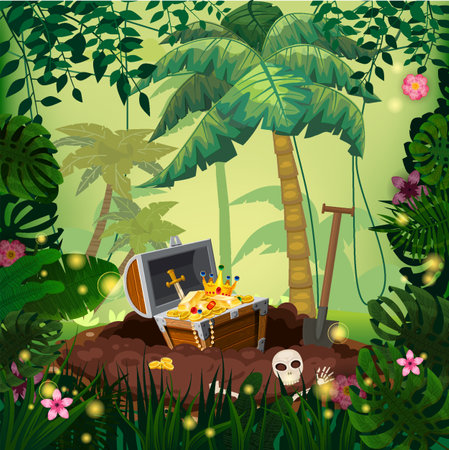 Tropical Treasure Island Pirate chest full of gold coins, gems, crown, sword, digging hole. Jungle tropical forestのイラスト素材