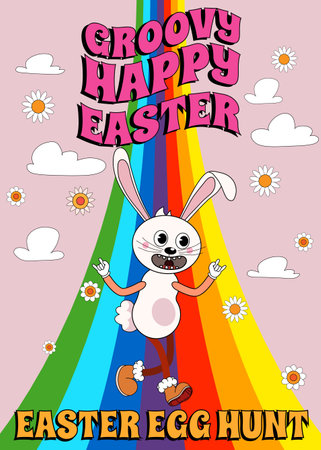 Happy Easter vintage poster Trendy Easter Groovy 1970 style with flowers, egg, rainbowのイラスト素材