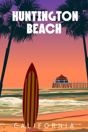 Huntington Beach California retro travel poster vectorのイラスト素材