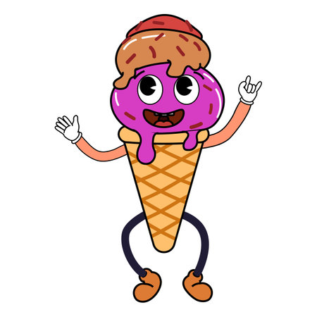 Groovy funny ice cream cartoon character, vintage hippie 70s. Doodle comic bright characterのイラスト素材