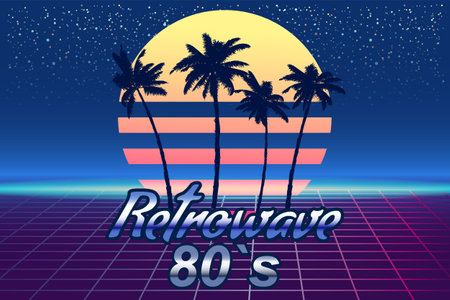 Retrowave 80 s retro banner vaporwave aesthetic background. Palms silhouette grid 3d, sunset Synthwaveのイラスト素材