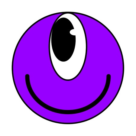 Cartoon Groovy funny purple cartoon smile character, vintage. Funky comic bright emoticon stickersのイラスト素材