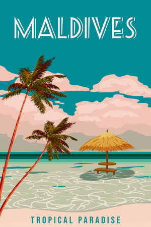 Travel poster Maldives tropical resort vintageのイラスト素材