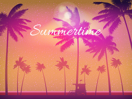 Summertime Sunset Beach Template Design Palms Banner, Flyer.のイラスト素材