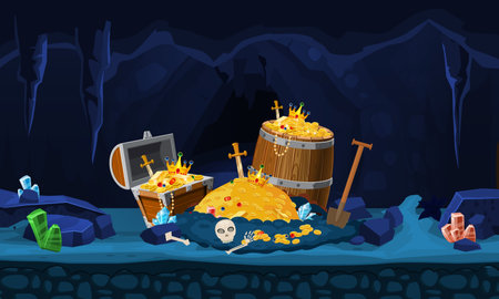 Fantasy Treasure cave with pile of gold coins, wooden chest, barrel, crystals, gem, money sword and skullのイラスト素材