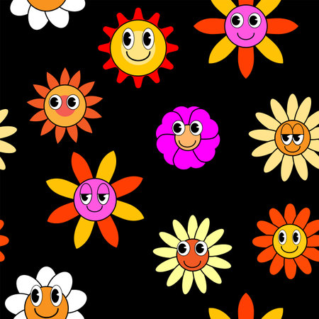 Flower seamless pattern groovy hippie. Colorful flowers trendy background retro trippy 70s styleのイラスト素材