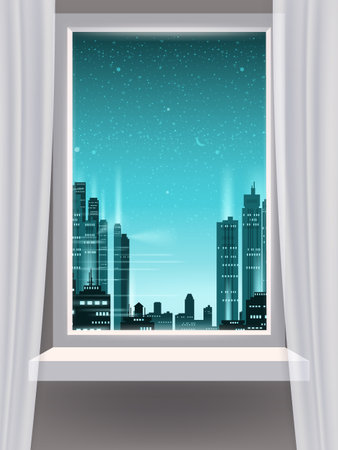 Vector illustration of a window. Cartoon flat drawing window view of a green landscape with trees.のイラスト素材