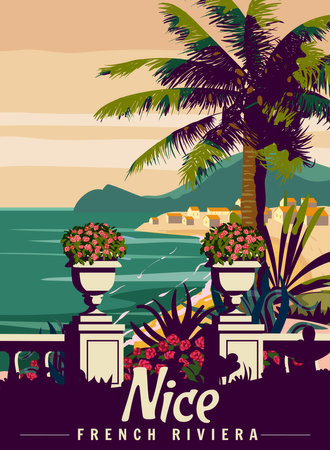 Nice French Riviera Retro Poster. Tropical coast scenic view, palm, Mediterranean marineのイラスト素材