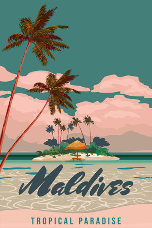 Maldives travel poster tropical resort vintageのイラスト素材