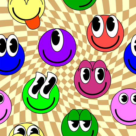 Smiley faces stickers, trippy seamless pattern. Retro trendy check distortion backgroundのイラスト素材
