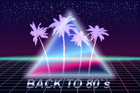 Back to 80s retro banner vaporwave aesthetic background Synthwave. Palms silhouette triangle grid 3d, sunset retrowaveのイラスト素材