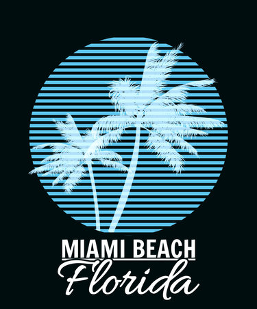 Miami Beach sunset print t-shirt design. Poster palm tree silhouettesのイラスト素材