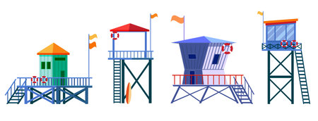 Set of Lifeguard Tower icons. Station beach buildingのイラスト素材
