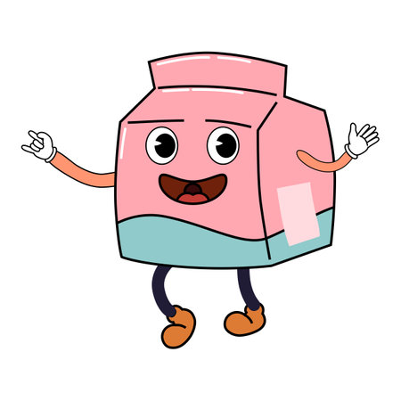 Groovy funny cardboard package cartoon character, vintage hippie 70s. Doodle comic bright characterのイラスト素材
