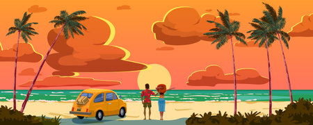 Ocean sunset view on the sand beach, couple in love, palms, car, seashore, horizonのイラスト素材