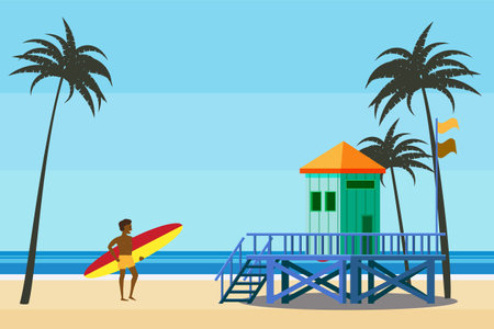 Lifeguard Tower on the beach palms, surfer, coast ocean, sea. Summer tropical landscape, vectorのイラスト素材