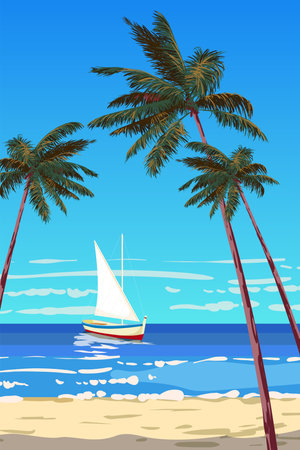 Tropical island seachore, sailboat, palms, sea, oceanのイラスト素材