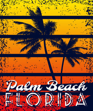 Florida Palm Beach sunset print t-shirt design. Poster grunge palm tree silhouettesのイラスト素材
