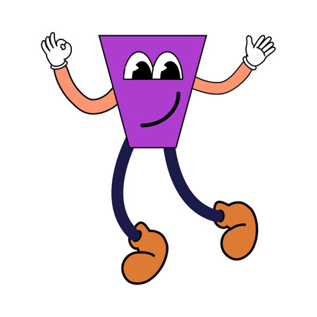 Cartoon Groovy funny cartoon smile character, vintage. Funky comic bright emoticon geometric shape purple stickerのイラスト素材